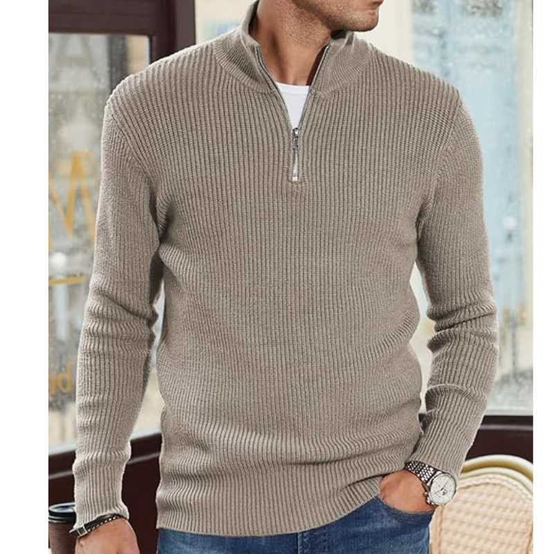 Herre Rullekrave Sweater med Halv Lynlaas - Varm Strik, Regular Fit