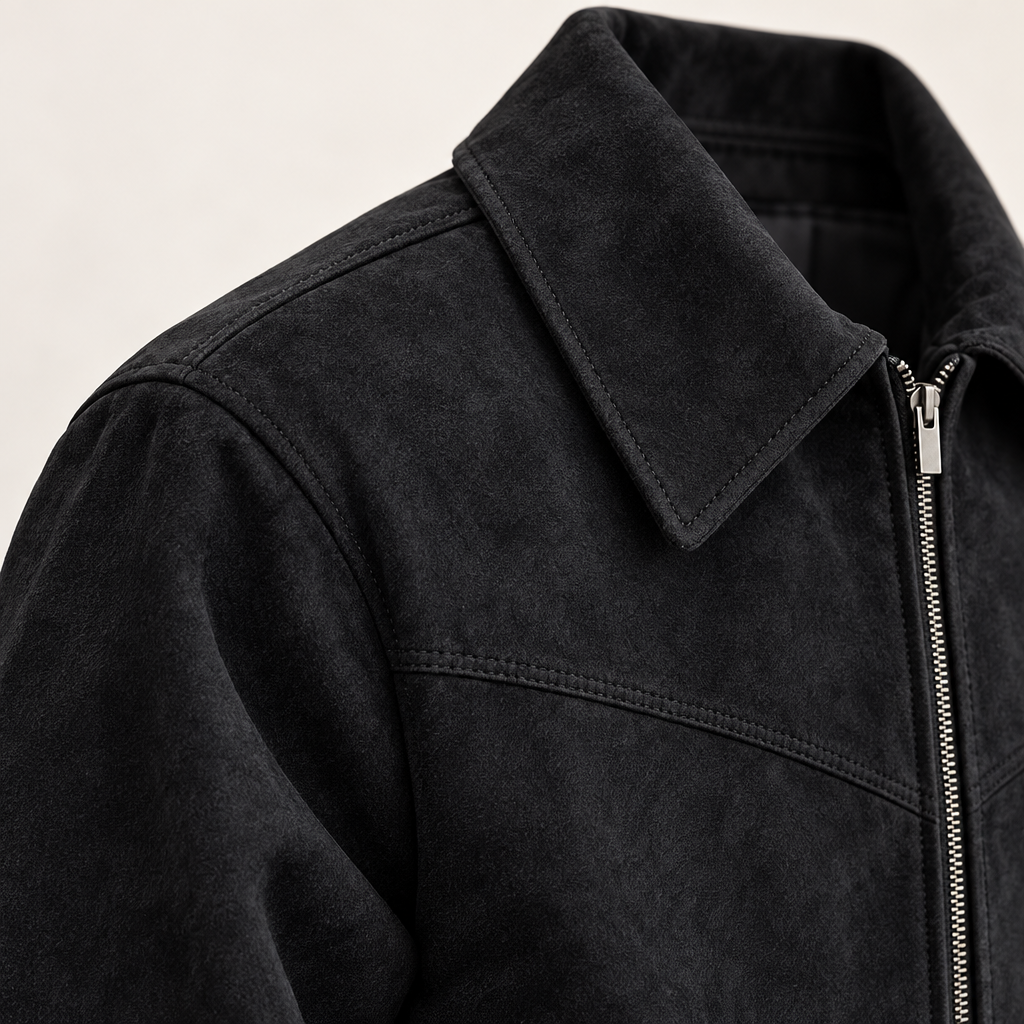 Herre Suede-Look Kort Jakke med Nedfoldet Krave