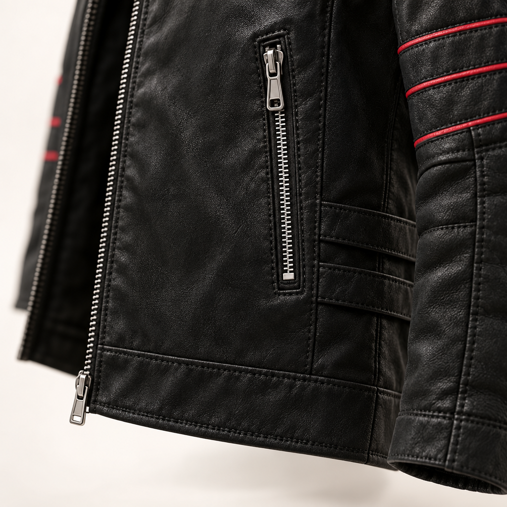 Herre Bikerjakke i Kunstlæder med Kontrastrande - - Kleding en accessoires > Kleding > Buitenkleding > Jassen en jacks - {{ product_tags }