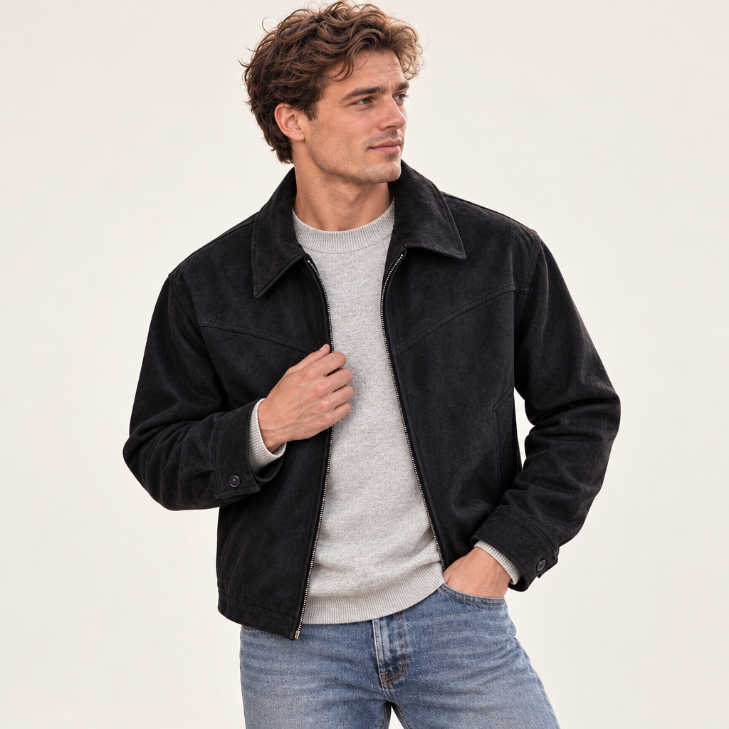 Herre Suede-Look Kort Jakke med Nedfoldet Krave