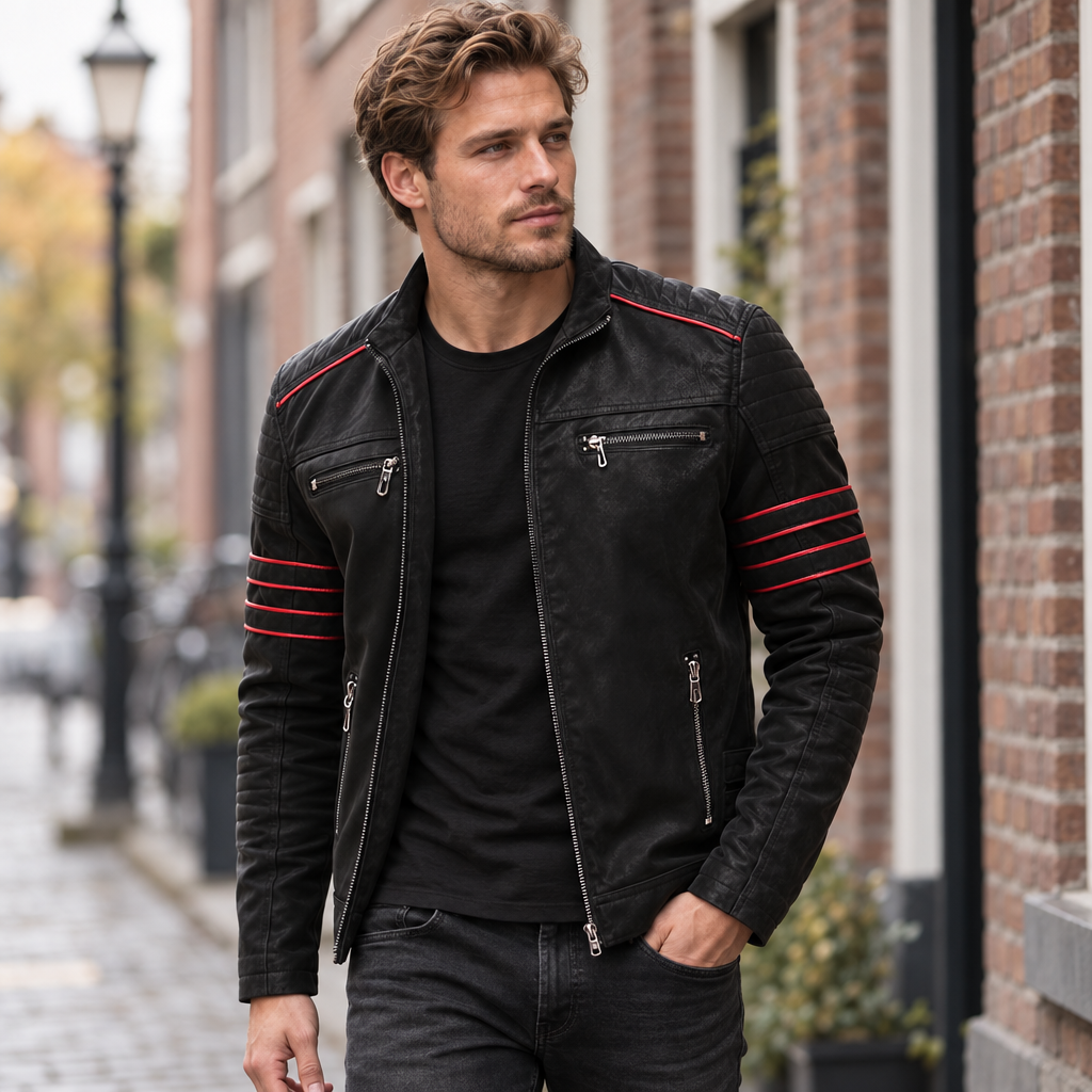 Herre Bikerjakke i Kunstlæder med Kontrastrande - - Kleding en accessoires > Kleding > Buitenkleding > Jassen en jacks - {{ product_tags }
