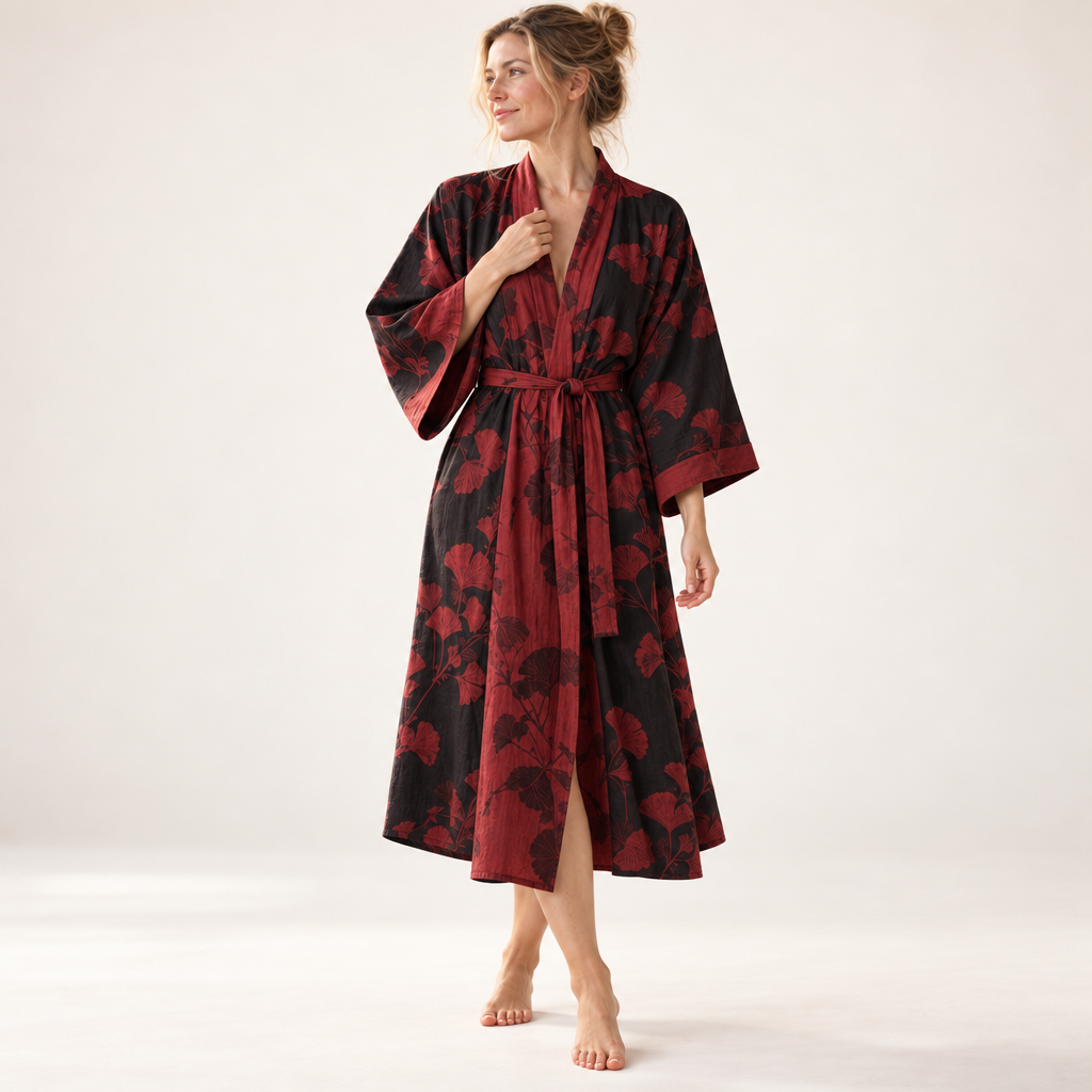 Bomuld Kimono Badekåbe med Vendbart Bladmønster - - Kleding en accessoires > Kleding > Nachtkleding en loungewear > Kamerjassen - {{ product_tags }