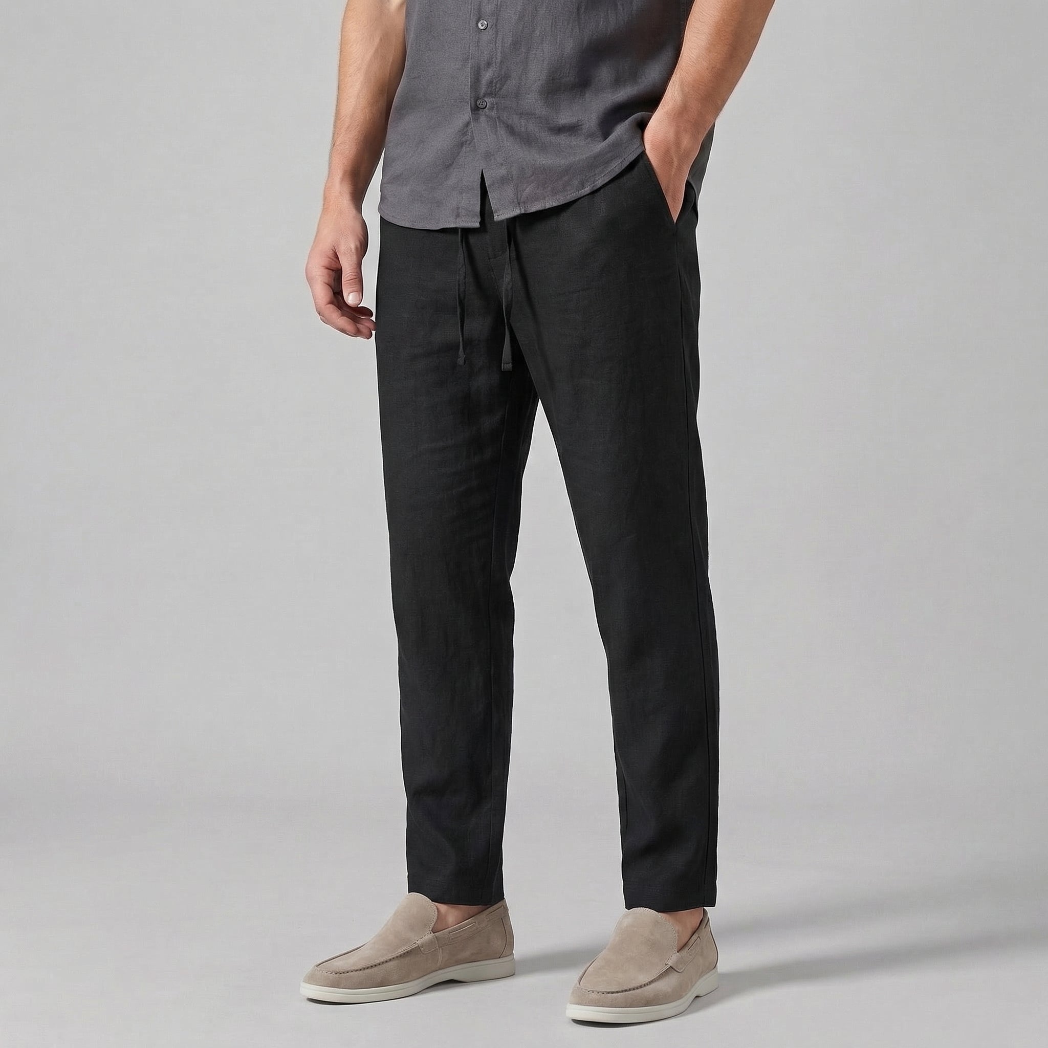 Hør Bukser Herre Wide Leg Casual Sommer - Sort - Herrebukser - {{ product_tags }