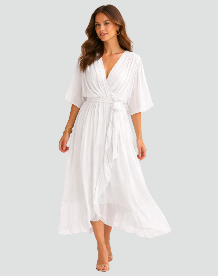 Elegant Damekjole Midi med Slå-om-hals og Bindebånd - Hvid - Damekjoler - {{ product_tags }