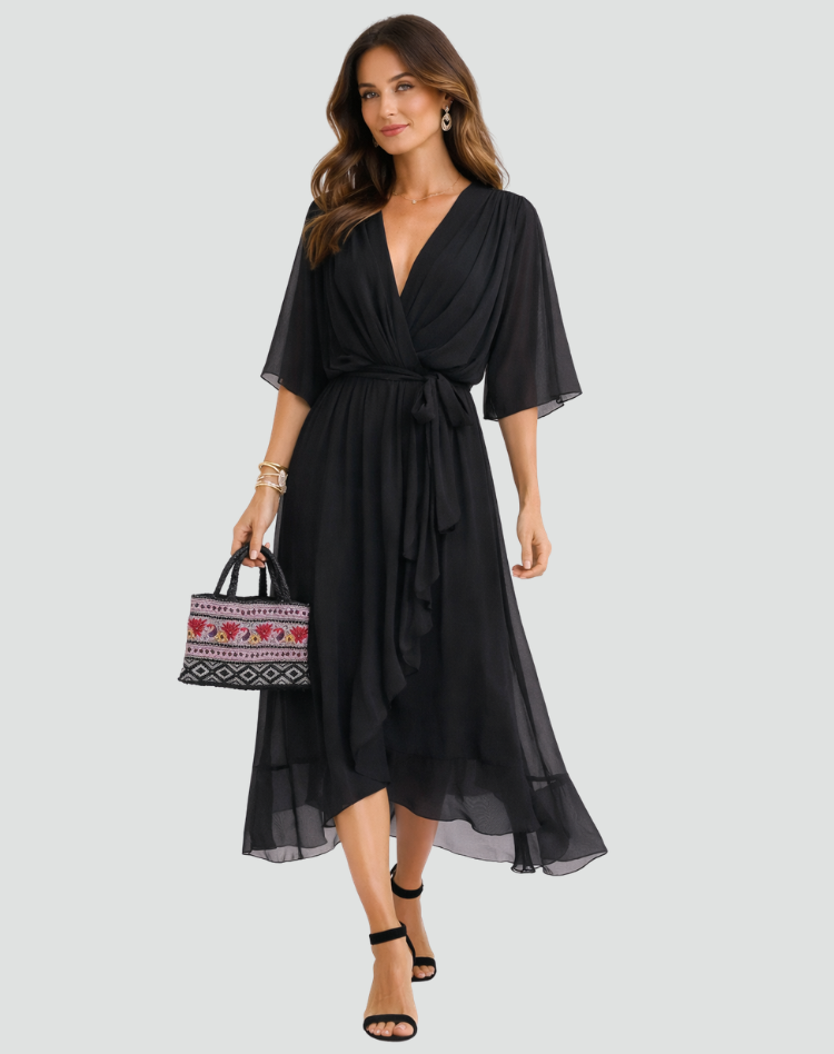Elegant Damekjole Midi med Slå-om-hals og Bindebånd - - Damekjoler - {{ product_tags }
