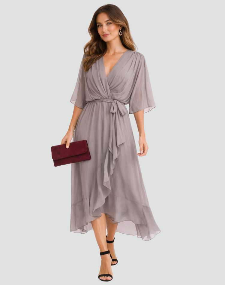 Elegant Damekjole Midi med Slå-om-hals og Bindebånd - Orange - Damekjoler - {{ product_tags }
