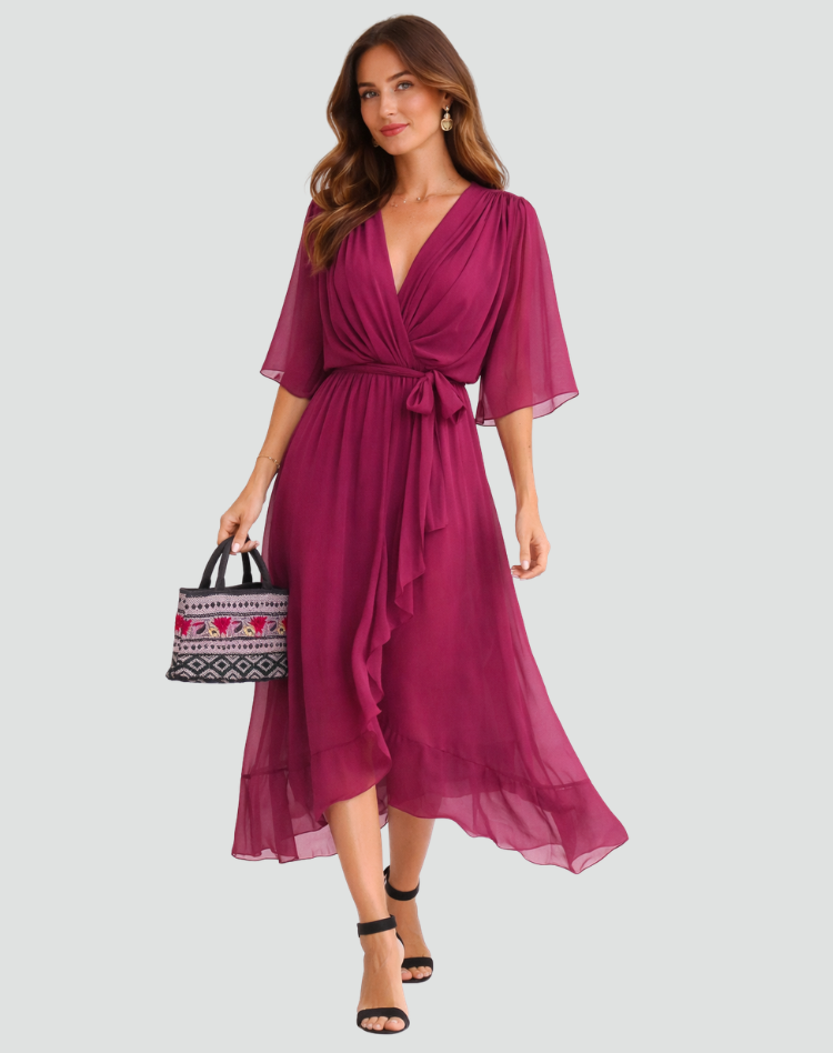 Elegant Damekjole Midi med Slå-om-hals og Bindebånd - Mørkelilla - Damekjoler - {{ product_tags }