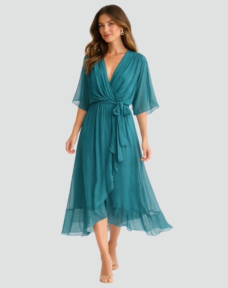 Elegant Damekjole Midi med Slå-om-hals og Bindebånd - Havblå - Damekjoler - {{ product_tags }