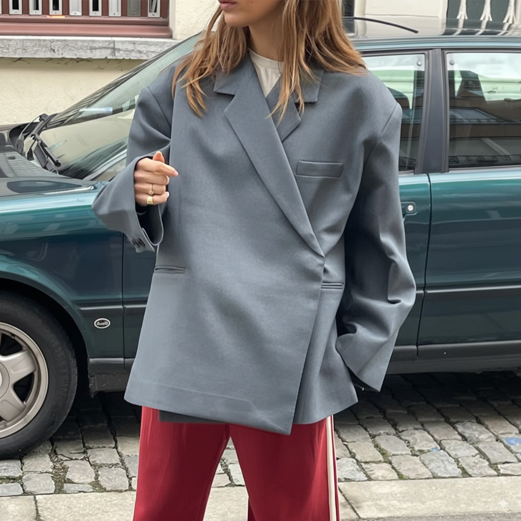 Dame Oversize Blazer - Diagonal Wrap med Revers