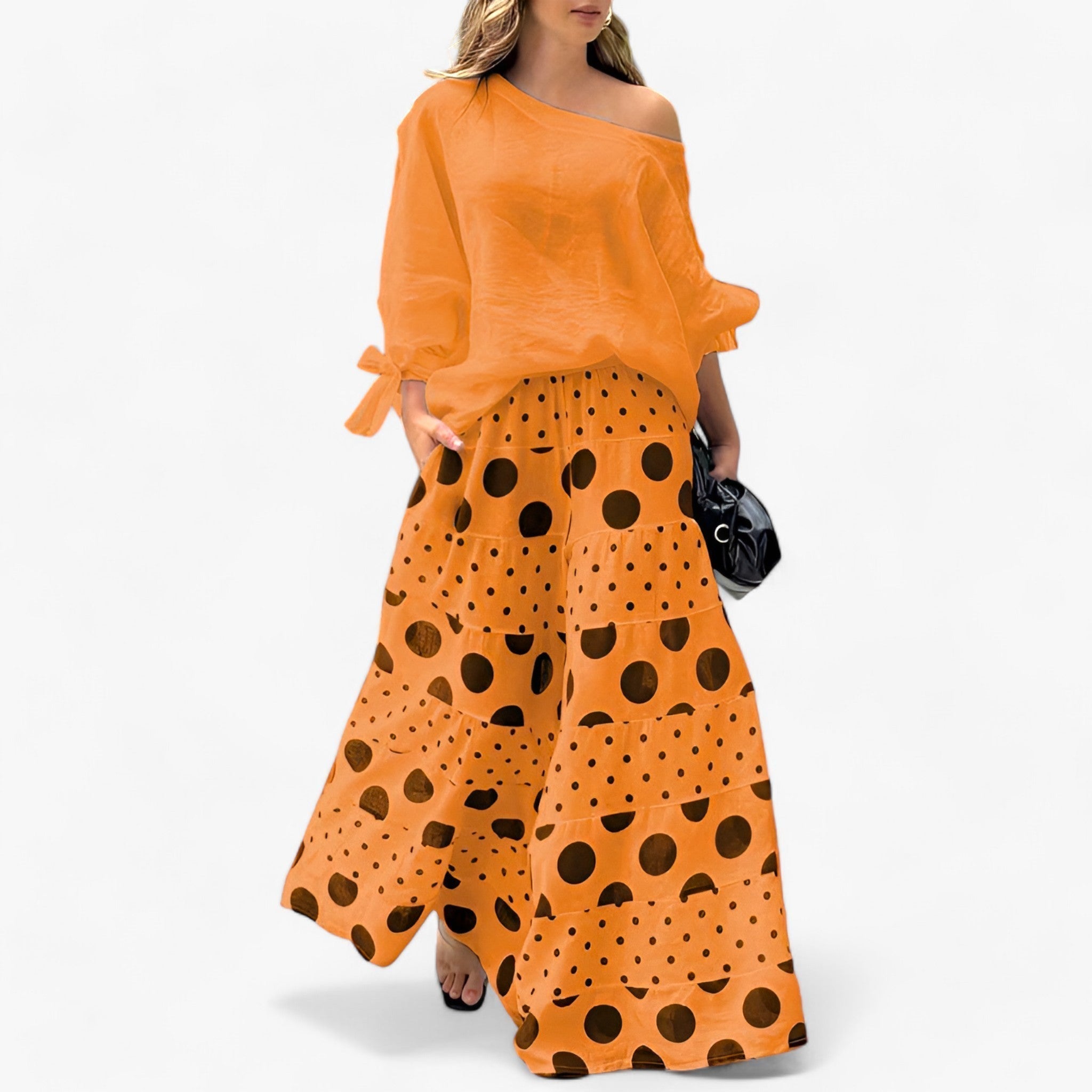 Agnes | Afslappet 2-delt sæt - Enkel stil med løst geometrisk mønster - Orange - women's fashion - {{ product_tags }