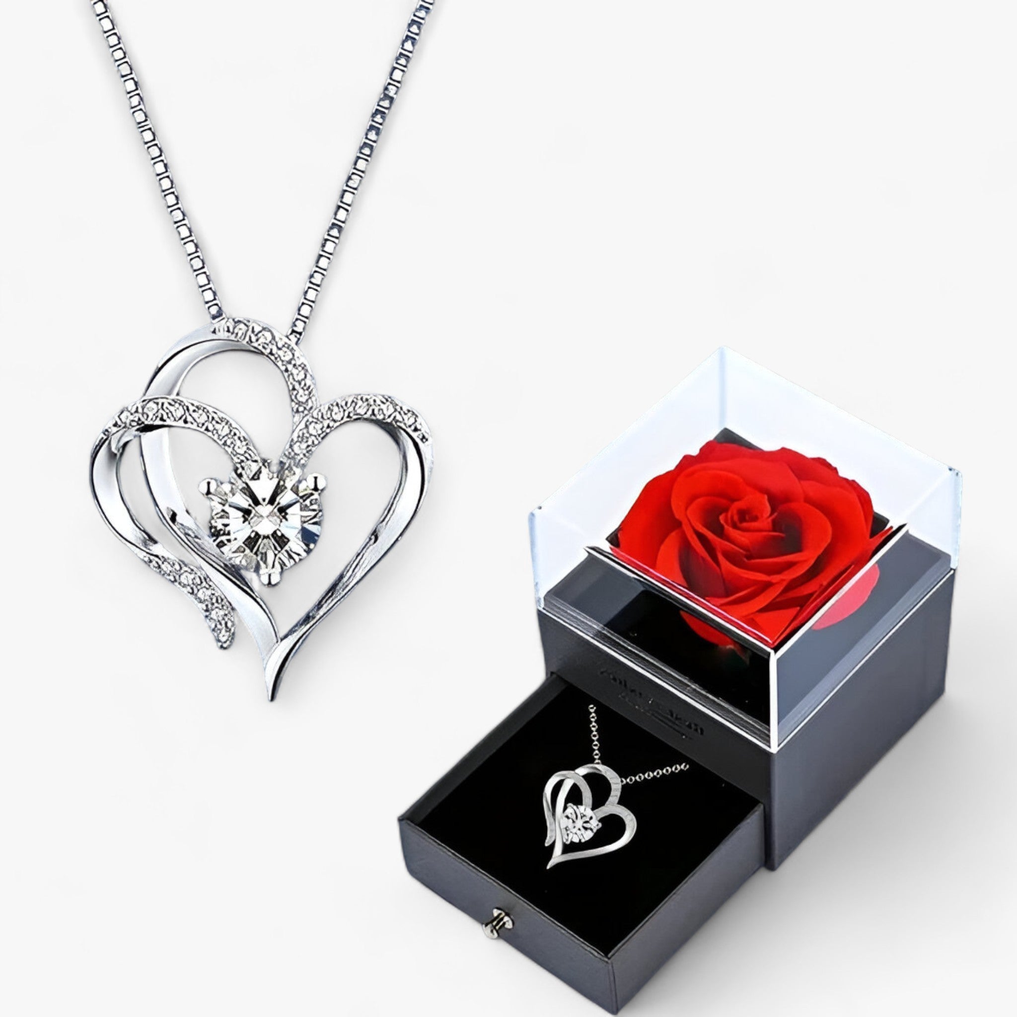 AMORE | Elegant hjerteformet zirkonia-halskæde med luksuriøs ros-gaveæske - - women's fashion - {{ product_tags }