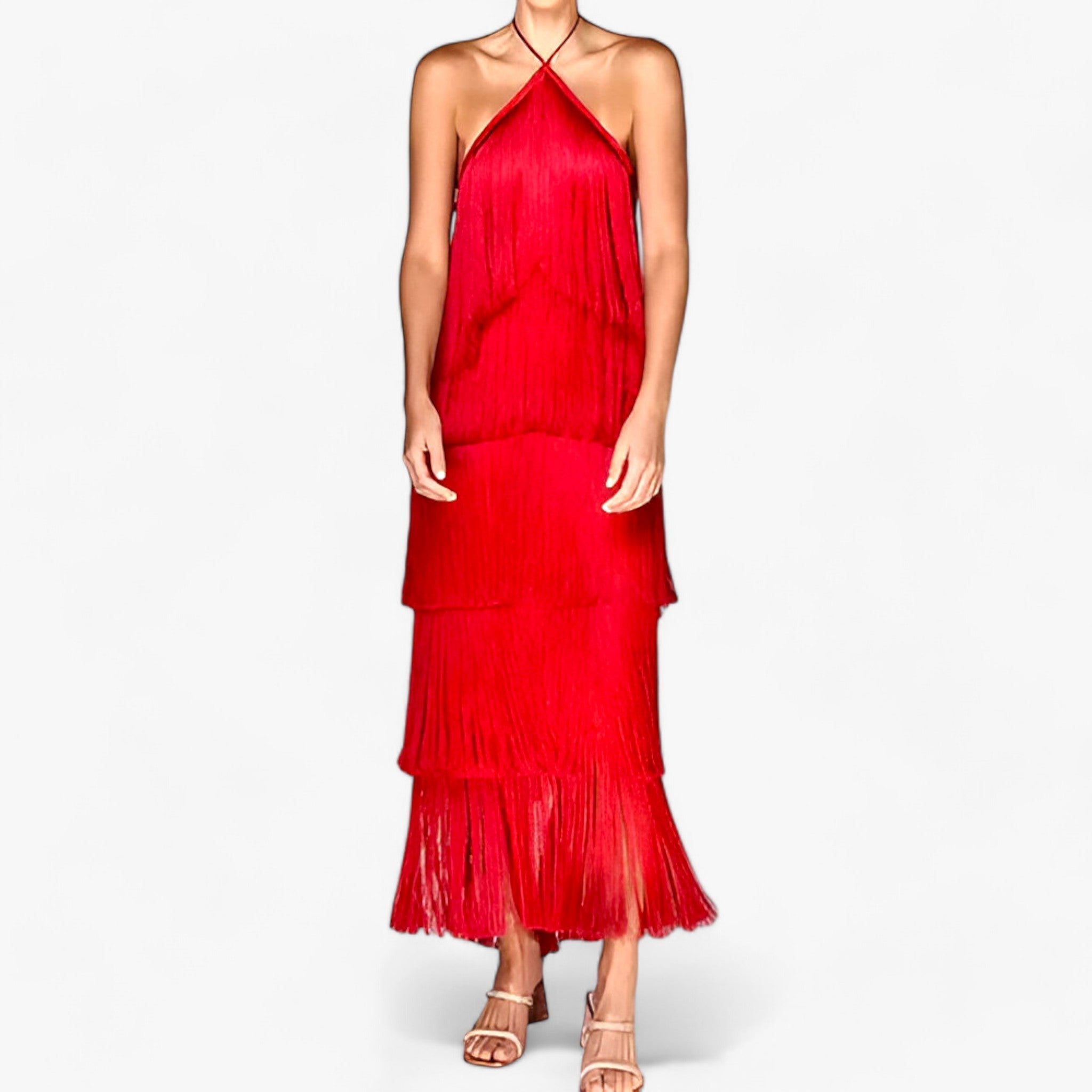 Serena | ærmeløs halterneck kjole - glamourøse frynse detaljer - Rød - women's fashion - {{ product_tags }
