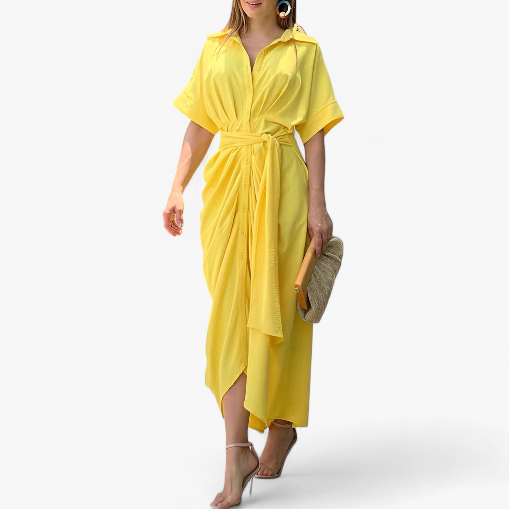 VALERIA - Elegant midikjole - Raffineret stil med krave og bindebælte - Gul - women's fashion - {{ product_tags }