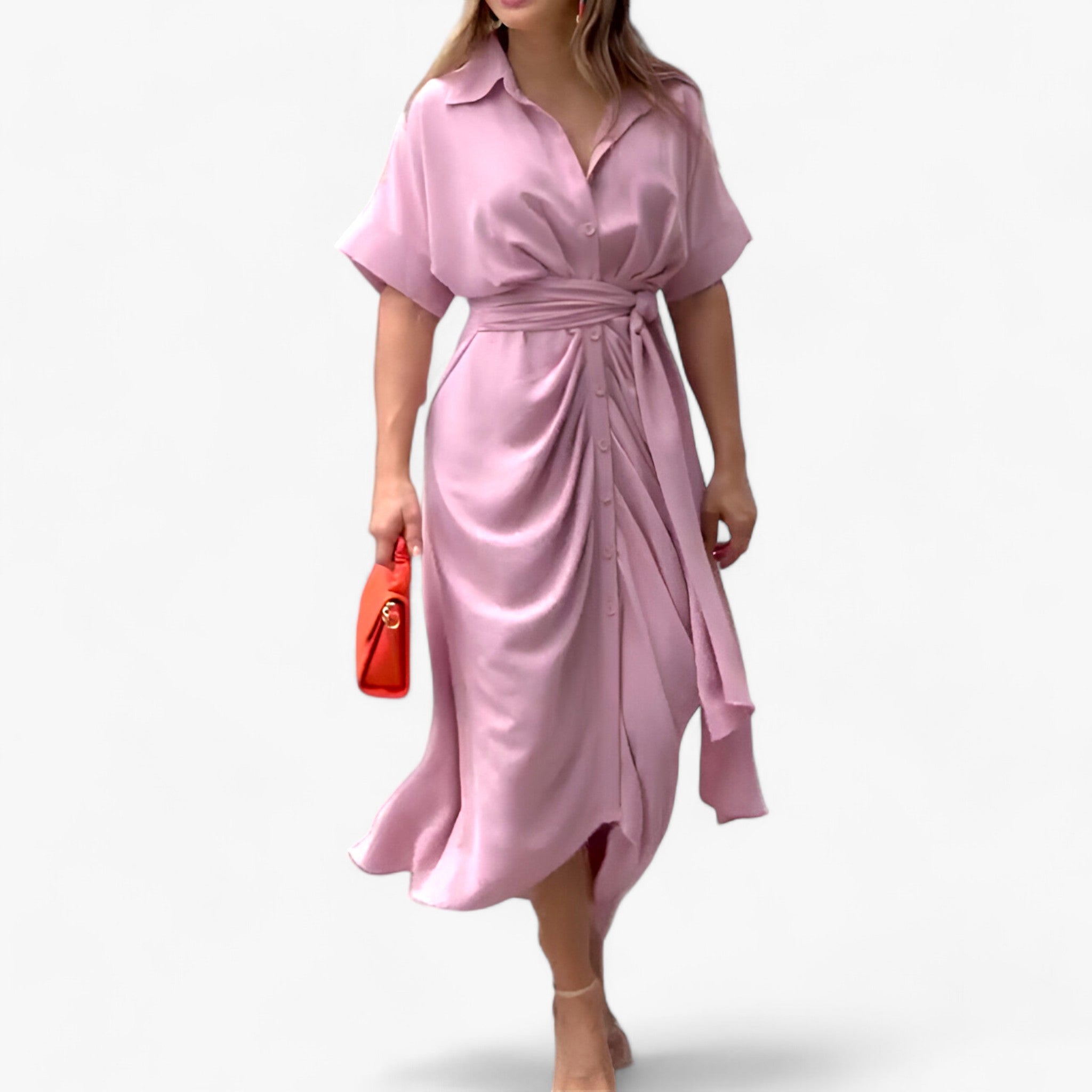 VALERIA - Elegant midikjole - Raffineret stil med krave og bindebælte - Rosa - women's fashion - {{ product_tags }
