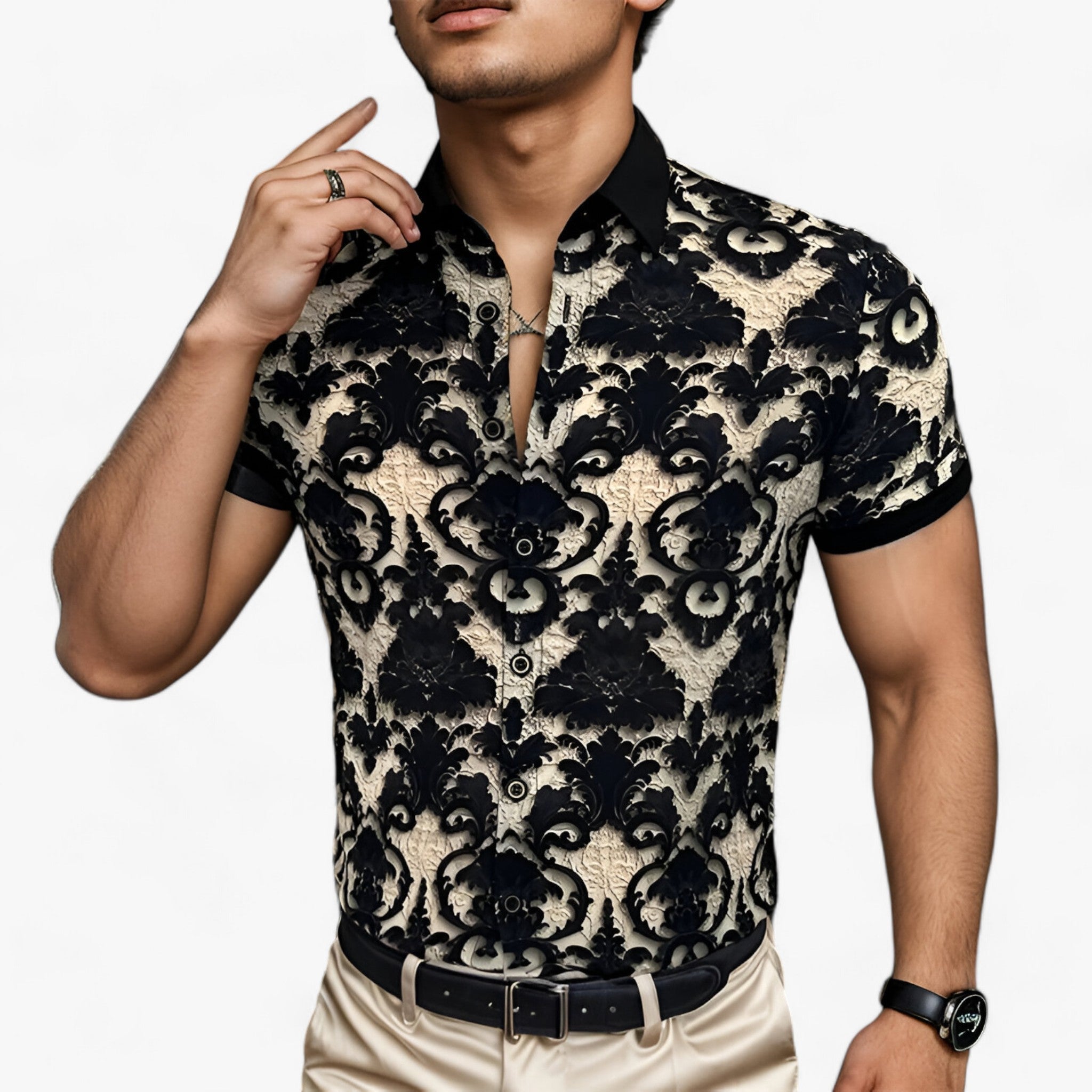 CoolFit | Strækstående krave skjorte med 3D-blomstertryk - Moderne design med komfort - - men's fashion - {{ product_tags }