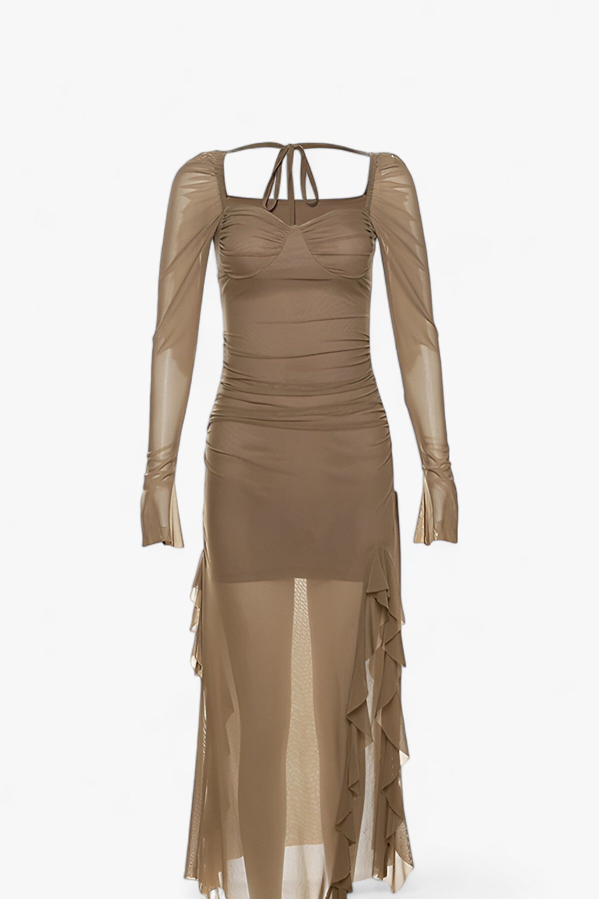 Mesh | Rynket Midi Kjole - Graciøs & Trendy - Brun - Mesh | Rynket Midi Kjole - Graciøs & Trendy- €25 - {{ product_tags }