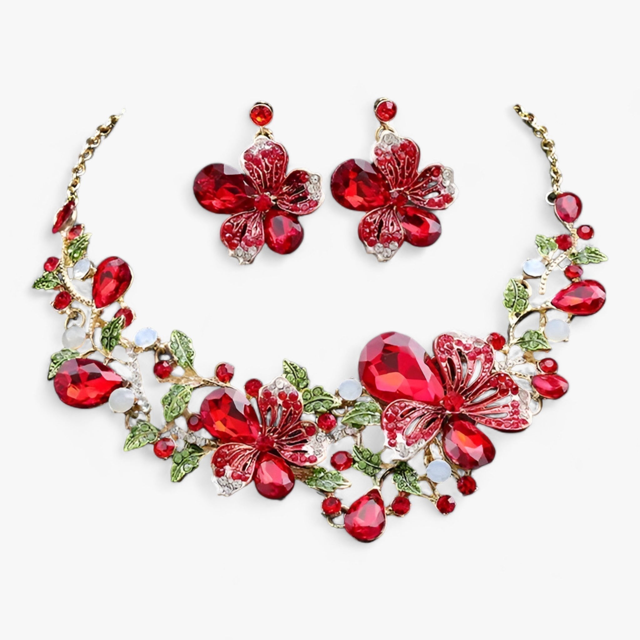 LUNA | Brudsmykker - Fremhæv din skønhed med et emaljeret blomsterhalskæde og øreringe - Rød 42cm - women's fashion - {{ product_tags }