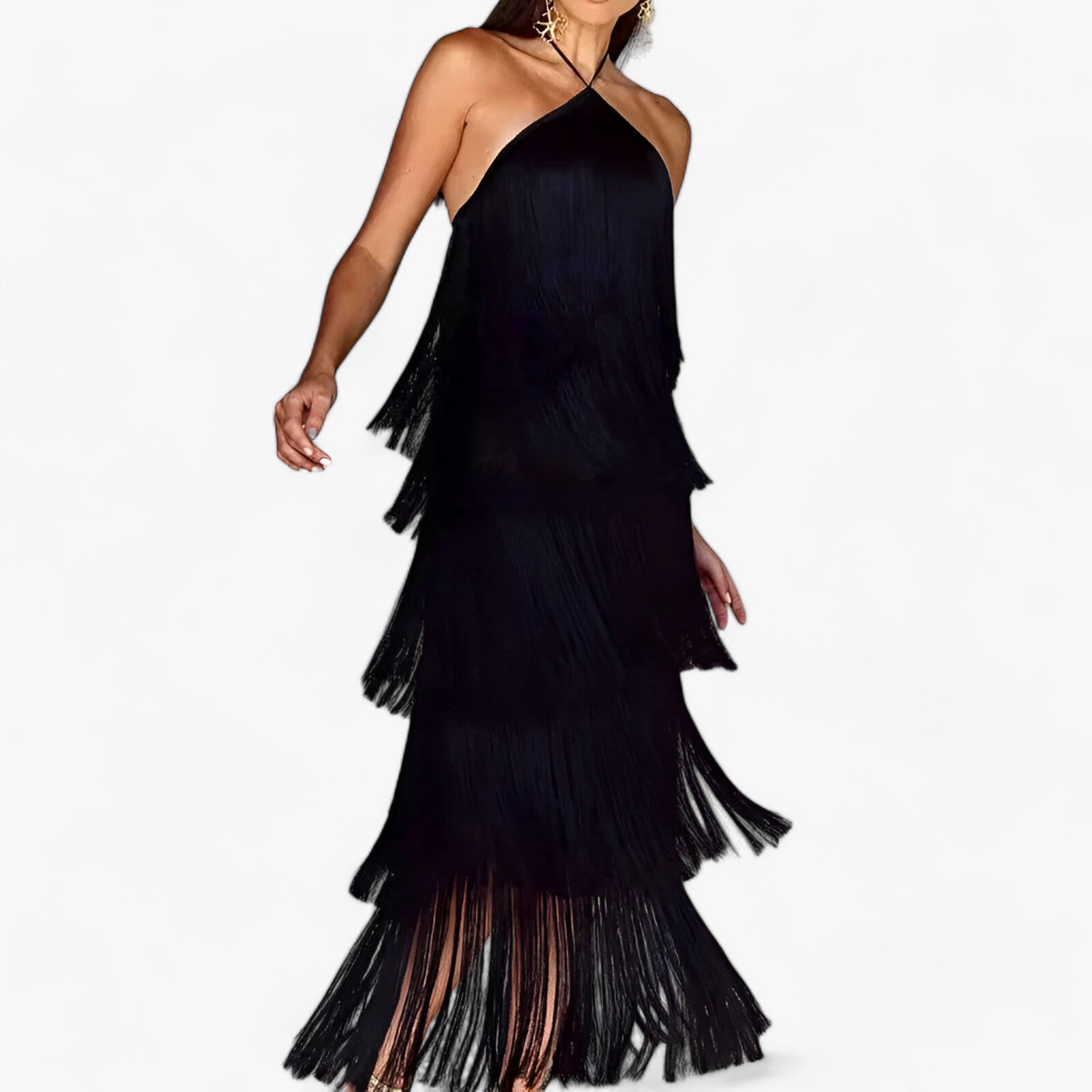 Serena | ærmeløs halterneck kjole - glamourøse frynse detaljer - Sort - women's fashion - {{ product_tags }