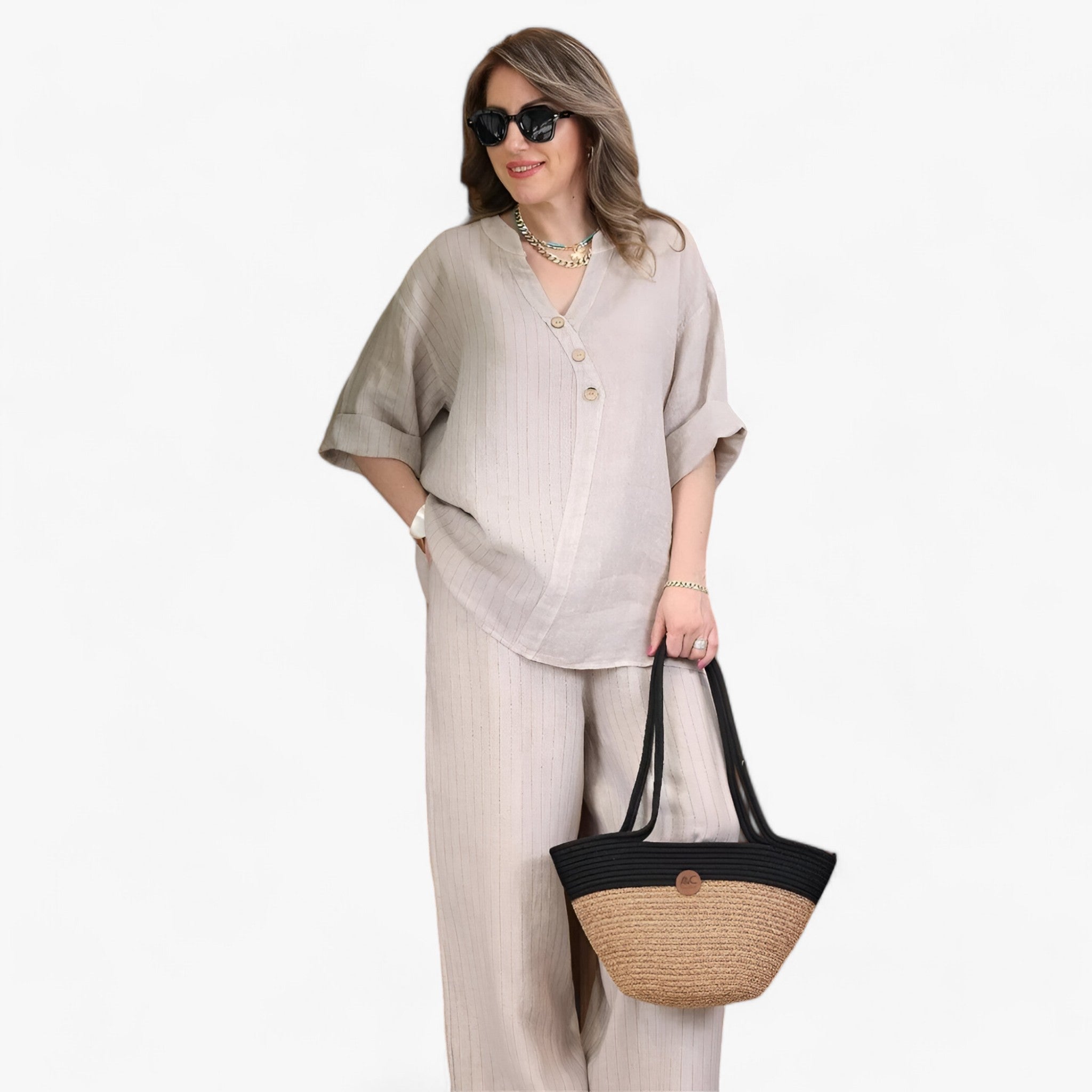 Cotta | Damernes Fritids Sæt i Bomulds-Linned - Ultimativ Komfort & Stil - Lys grå - women's fashion - {{ product_tags }