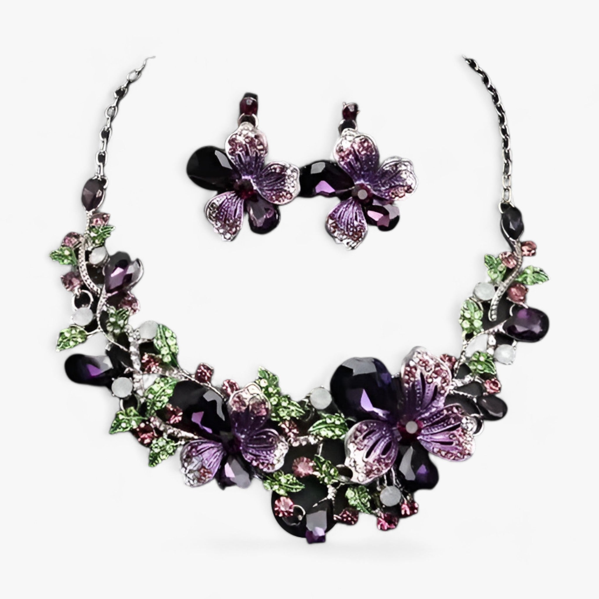 LUNA | Brudsmykker - Fremhæv din skønhed med et emaljeret blomsterhalskæde og øreringe - Lilla 42cm - women's fashion - {{ product_tags }