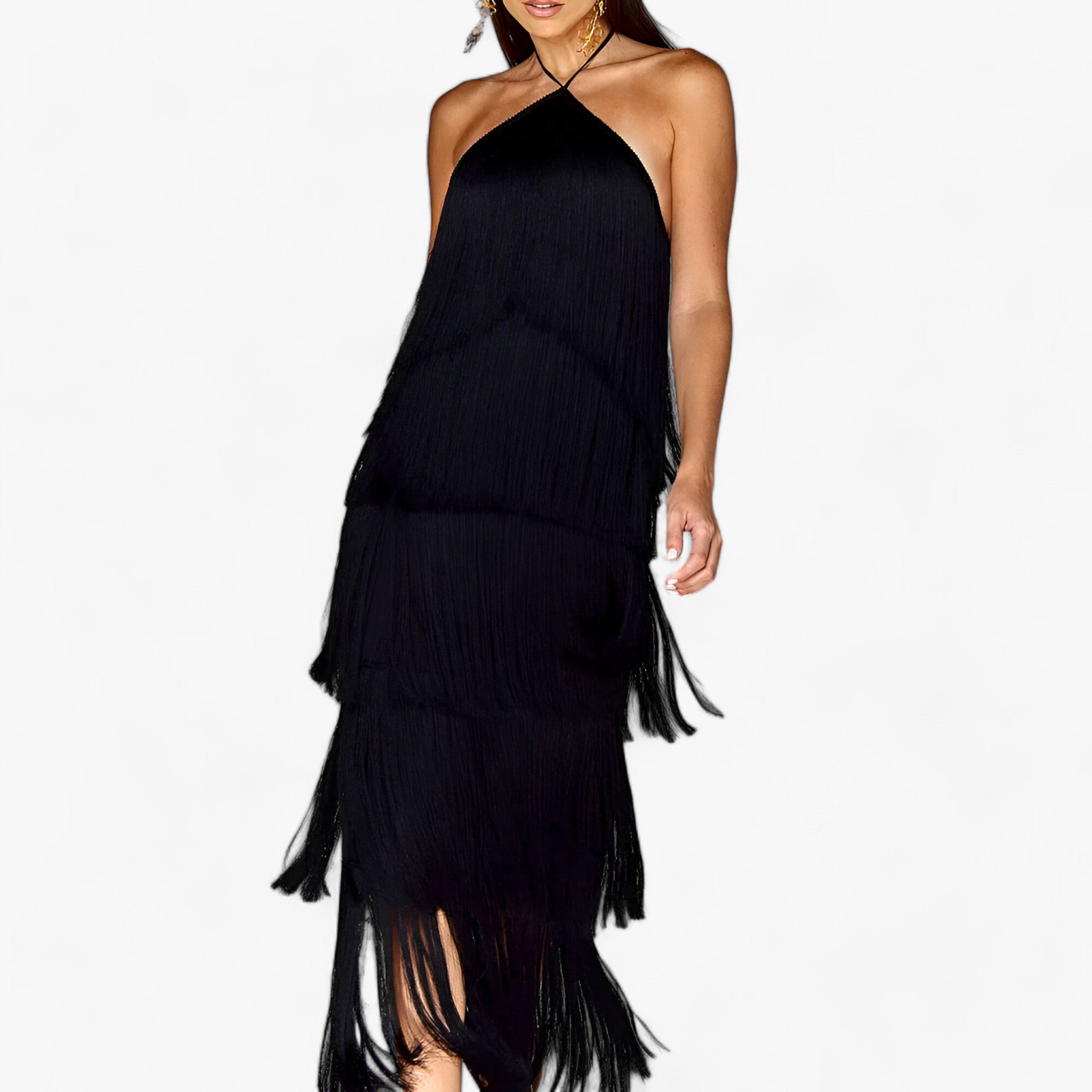 Serena | ærmeløs halterneck kjole - glamourøse frynse detaljer - - women's fashion - {{ product_tags }
