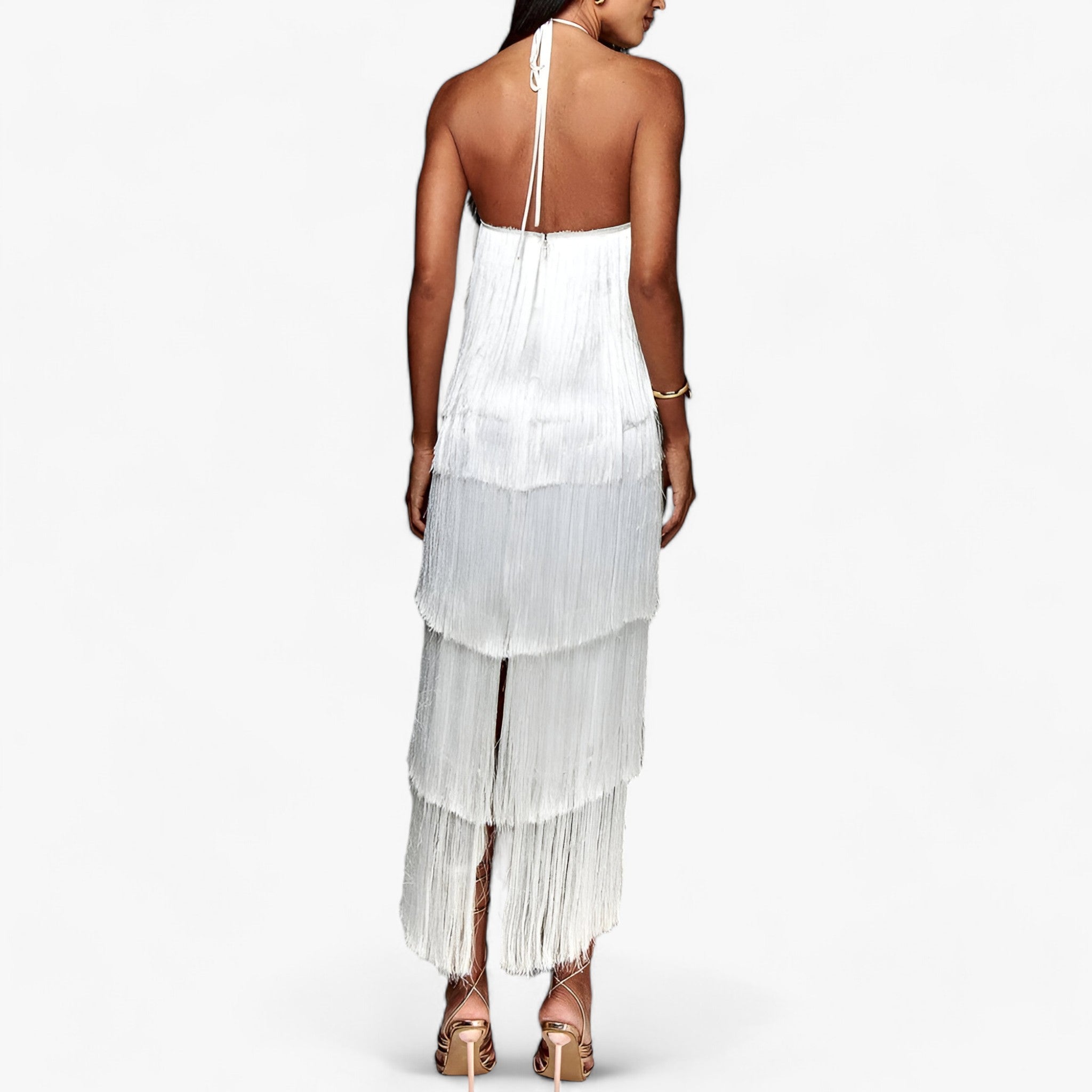 Serena | ærmeløs halterneck kjole - glamourøse frynse detaljer - - women's fashion - {{ product_tags }