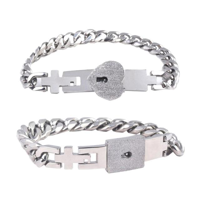 Armbåndssæt med Lås og Nøgle til Par - Rustfrit Stål - Sølv - Bracelets - {{ product_tags }