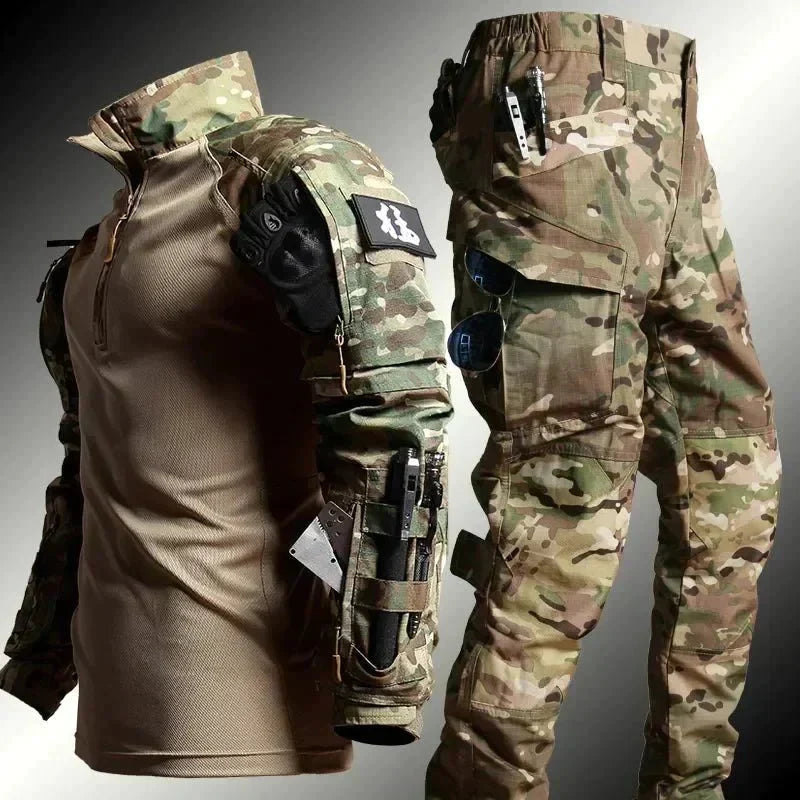 Herre Outdoor Sæt - Langærmet Trøje med Cargobukser i Militærstil - Grøn - Kleding en accessoires > Kleding > Kledingsets - {{ product_tags }