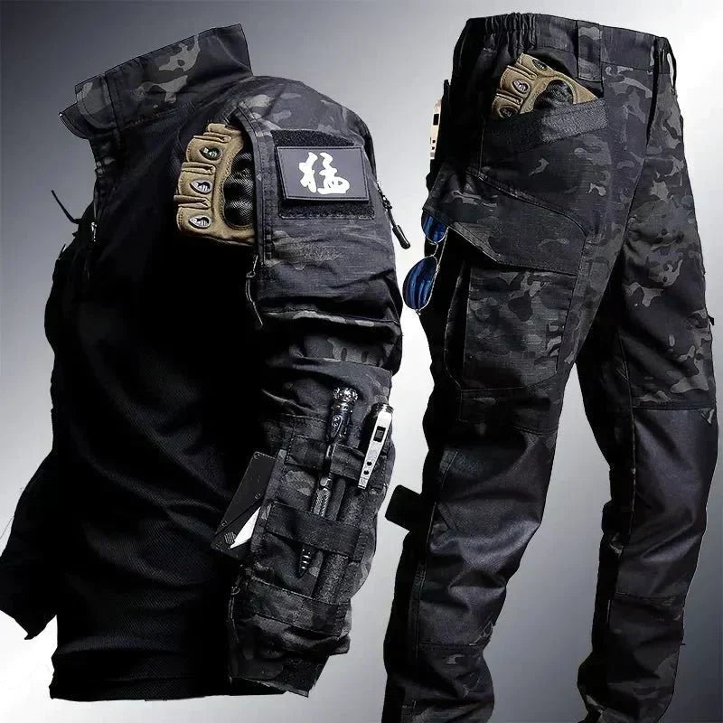 Herre Outdoor Sæt - Langærmet Trøje med Cargobukser i Militærstil - Sort - Kleding en accessoires > Kleding > Kledingsets - {{ product_tags }