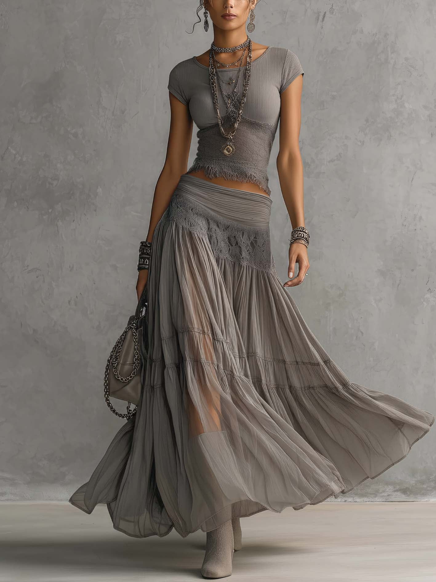 Elena Lace-Paneled Top and Pleated Maxi Skirt Set - Grey - Matching Sets - {{ product_tags }