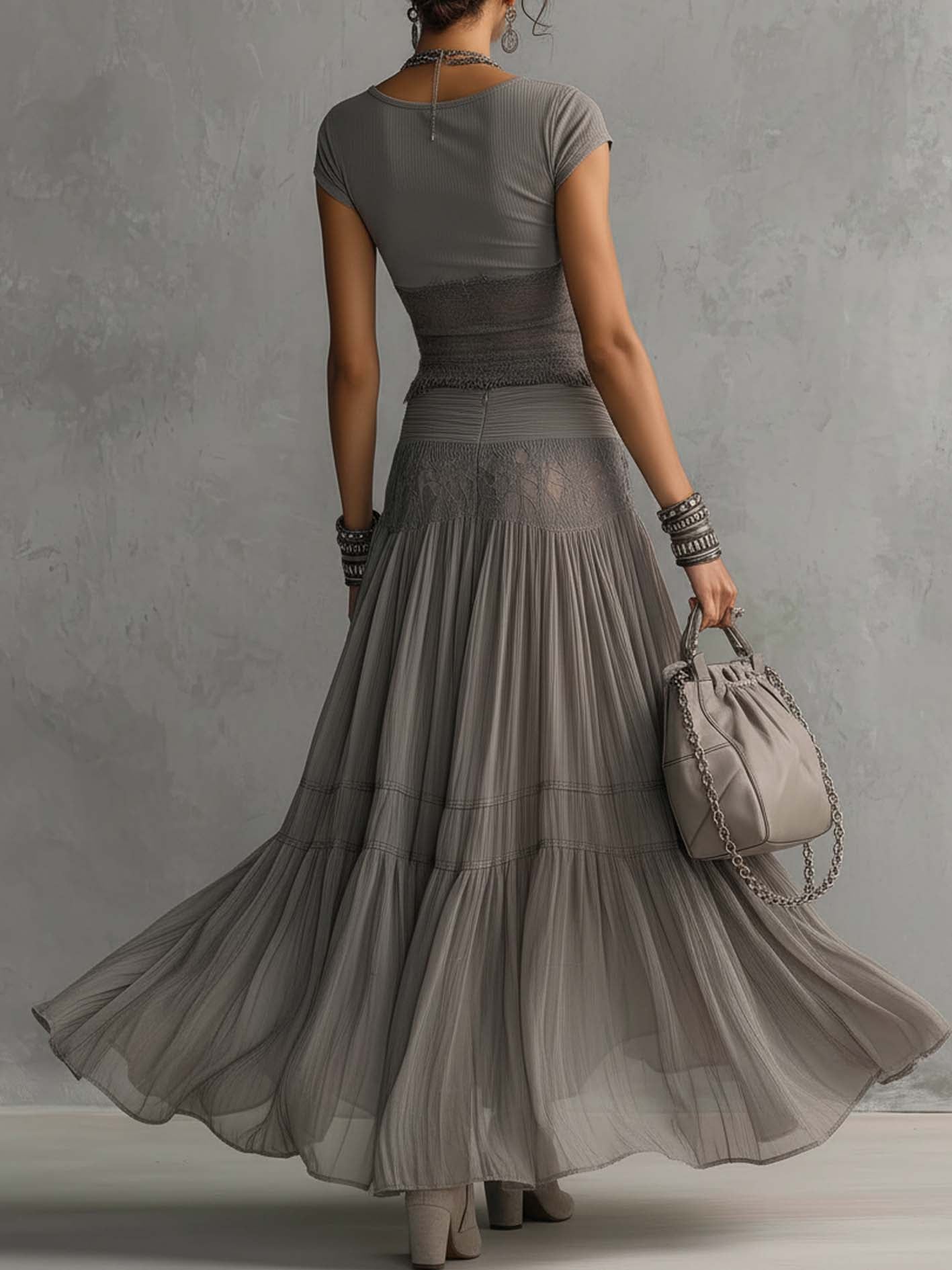 Elena Lace-Paneled Top and Pleated Maxi Skirt Set - - Matching Sets - {{ product_tags }