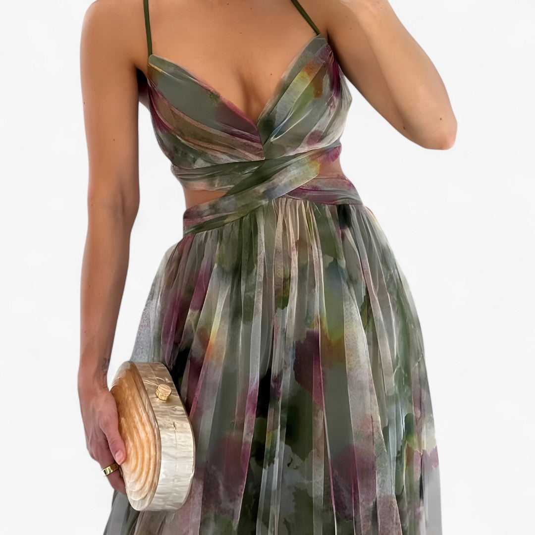 Lucia | Flydende pastelfarvet lang kjole med akvareleffekt - Grøn - women's fashion - {{ product_tags }