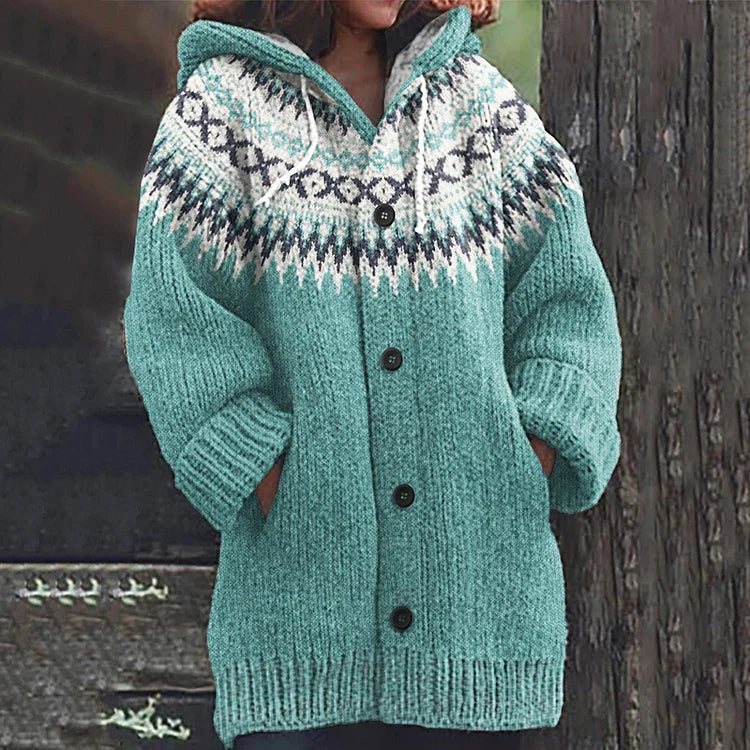 Dame Hættet Strikcardigan med Fair Isle Mønster
