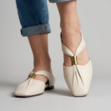Flat Leather Mules with Square Toe and Gold Bar