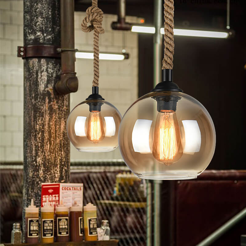 Glaskugle Pendellampe med Hampereb - Vintage Lysdesign - - Pendants - {{ product_tags }