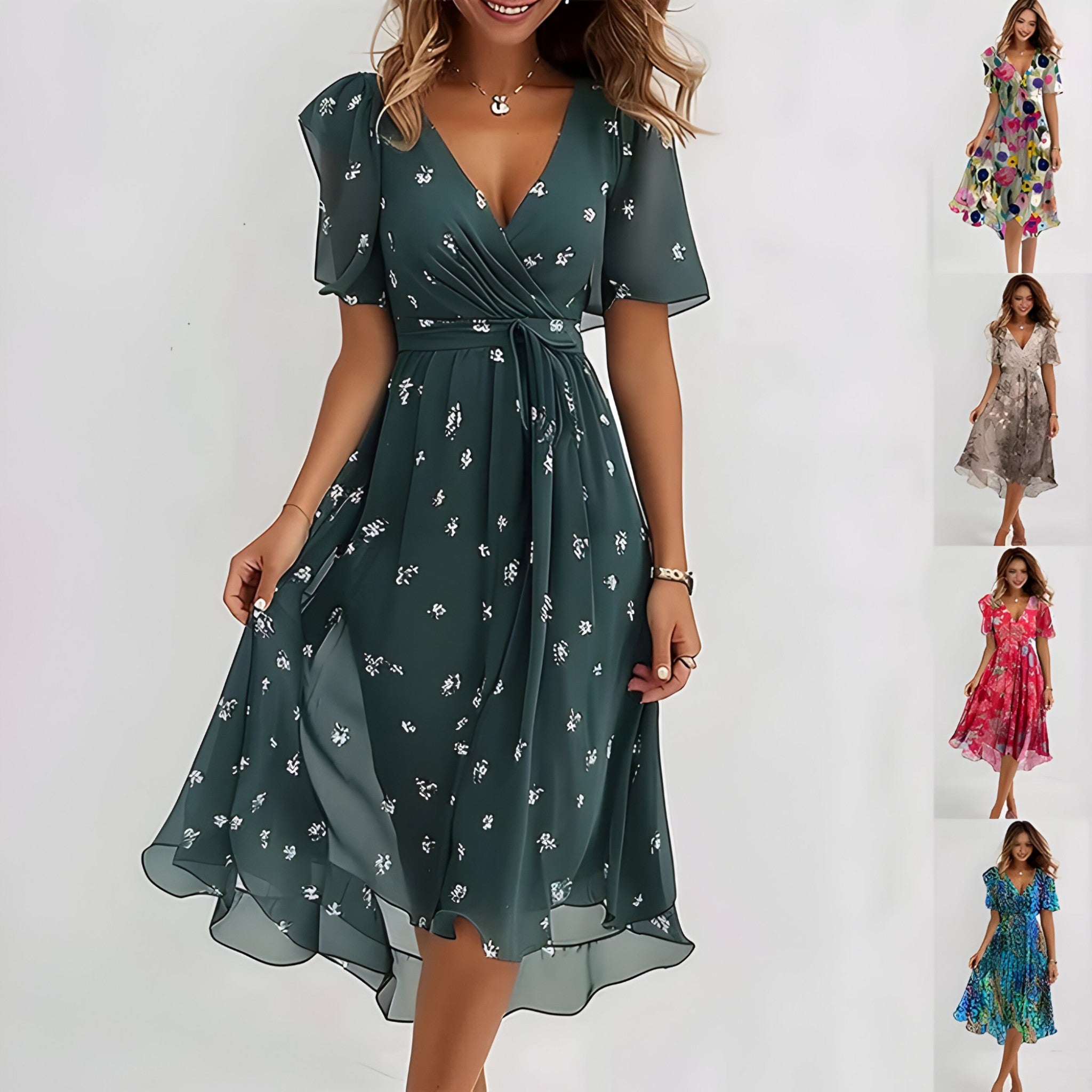 Emilia | Elegant midi kjole med neutral blomsterprint - - women's fashion - {{ product_tags }