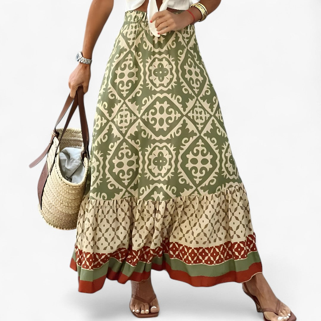 Leonie | Gonna Maxi Boho med Ikat-Print - Militærgrøn - women's fashion - {{ product_tags }