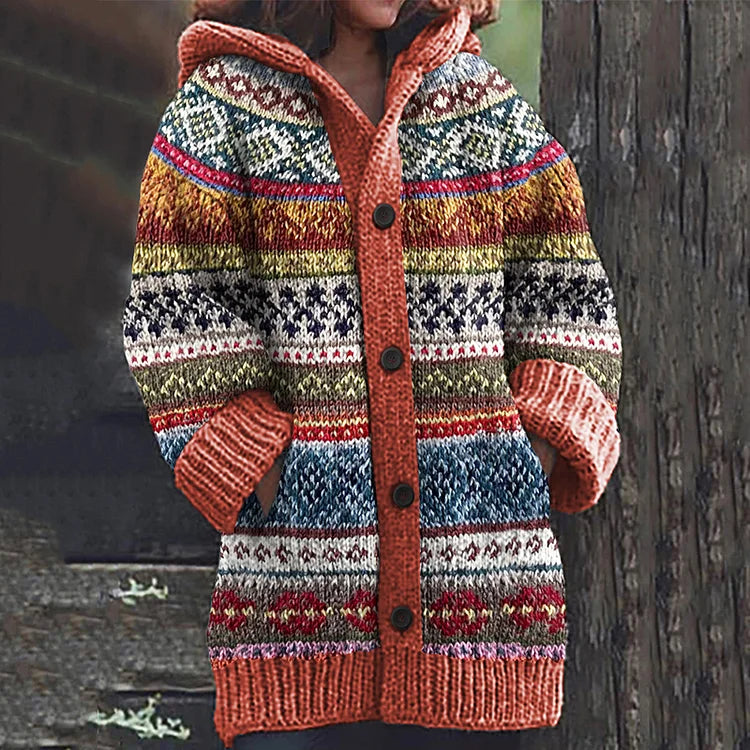 Dame Hættet Strikcardigan med Fair Isle Mønster