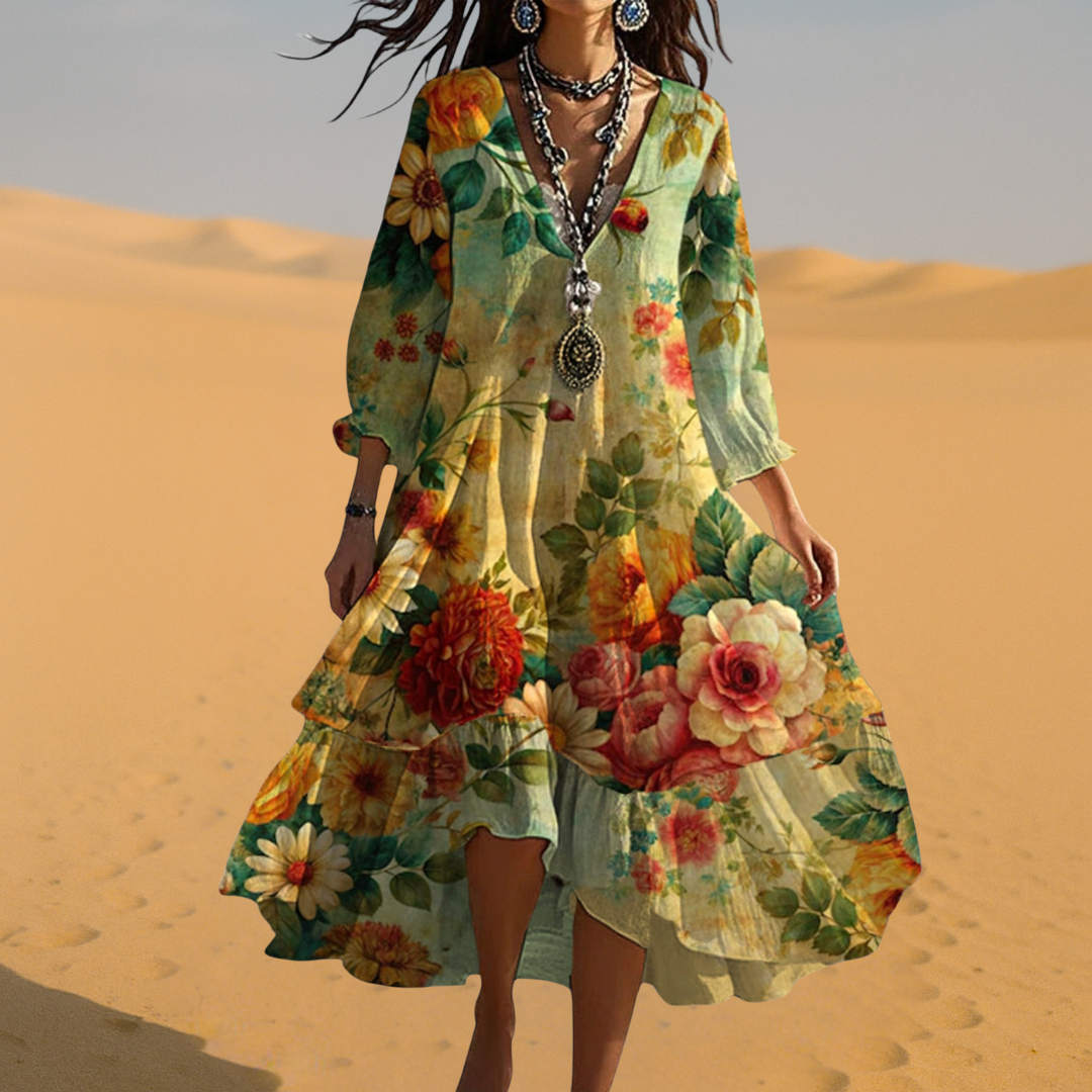 Sommerkjole Dame - Boho Blomstret Stil med V-hals