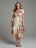 Katarina | Flutter Sleeve Wrap Floral Stripe Print Midi-kjole