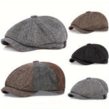 Retro Cap with Eight Panels in Herringbone Tweed Fabric, Casual Striped Cap
