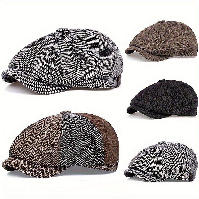 Retro kasket med otte paneler i sildebens-tweedstof, afslappet stribet kasket - - men's fashion - {{ product_tags }