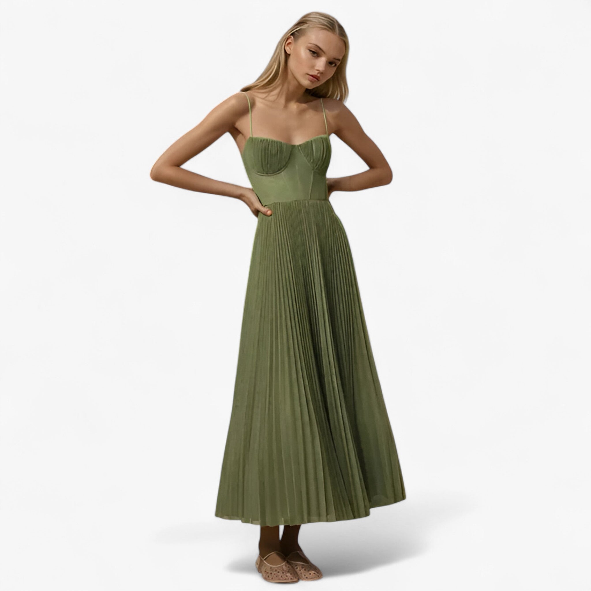 Delia | Kvinders Plisseret Maxi Kjole - Oliven grøn - women's fashion - {{ product_tags }