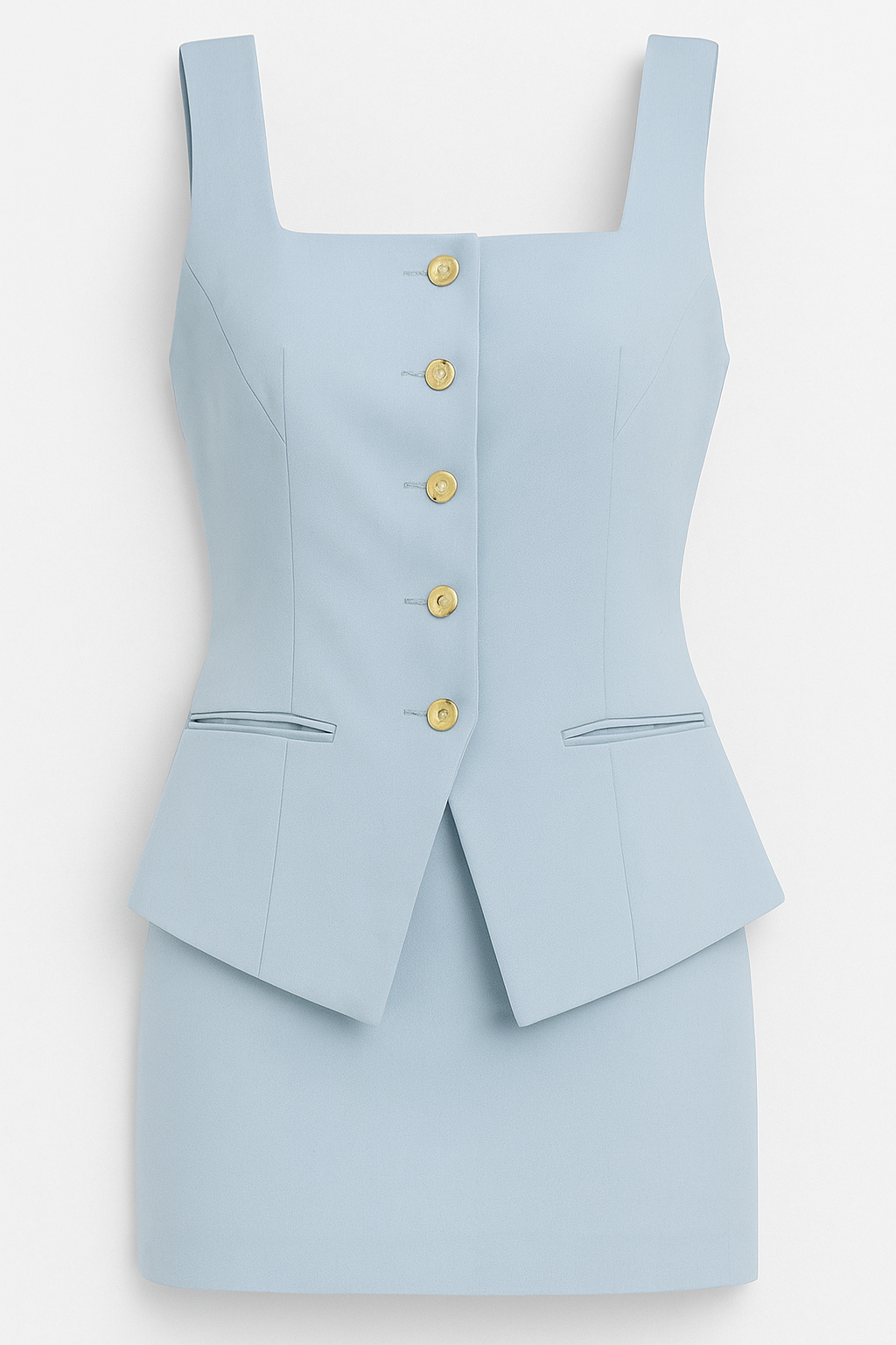 Clara | Kort jakkesæt med gyldne knapper – firkantet elegance uden ærmer - Lyseblå - Clara | Kort jakkesæt med gyldne knapper – firkantet elegance uden ærmer - €25 - {{ product_tags }