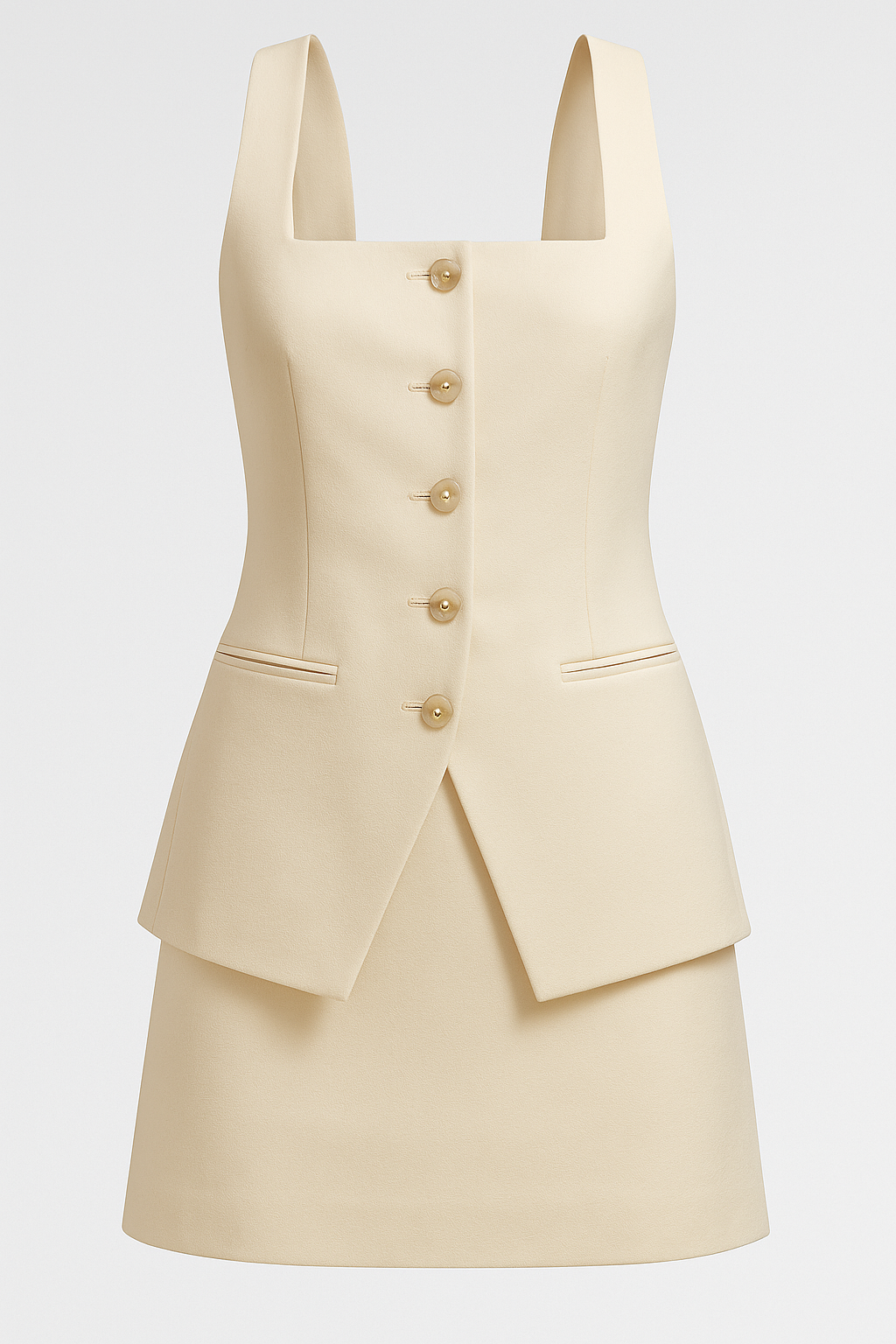 Clara | Kort jakkesæt med gyldne knapper – firkantet elegance uden ærmer - Abrikos - Clara | Kort jakkesæt med gyldne knapper – firkantet elegance uden ærmer - €25 - {{ product_tags }