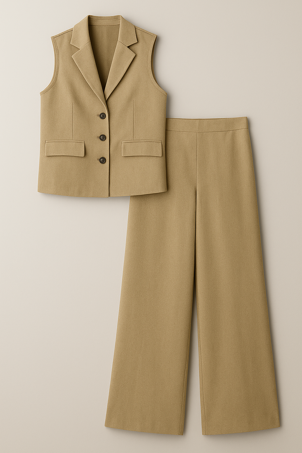Arianna | Elegant dametrækketøj med vest uden ærmer og brede bukser - Kakifrugter - Arianna | Elegant dametrækketøj med vest uden ærmer og brede bukser- €25 - {{ product_tags }