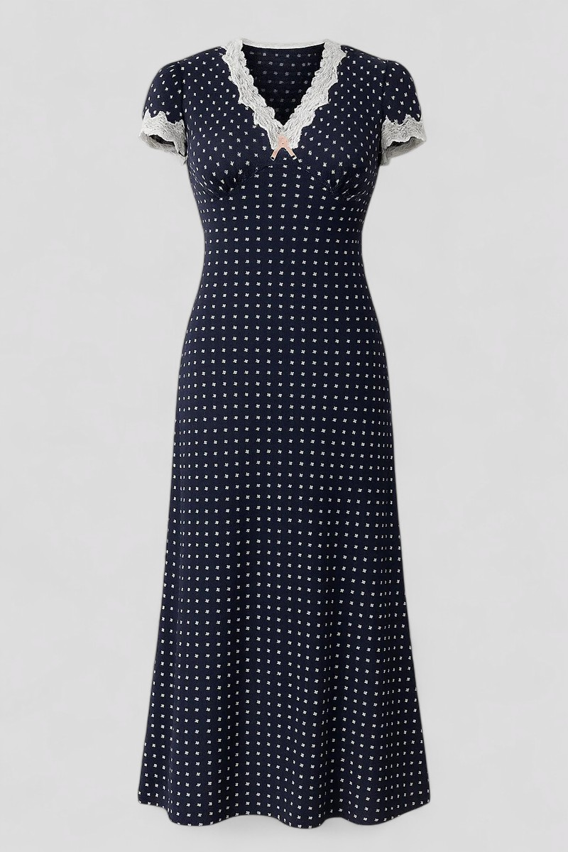 Elsa | Midi nederdel med prikker, blondedetaljer og broderet blomst - Blå - Elsa | Midi nederdel med prikker, blondedetaljer og broderet blomst - €25 - {{ product_tags }