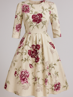 Retrozo | Elegant midikjole med blomsterprint og 3/4-ærmer