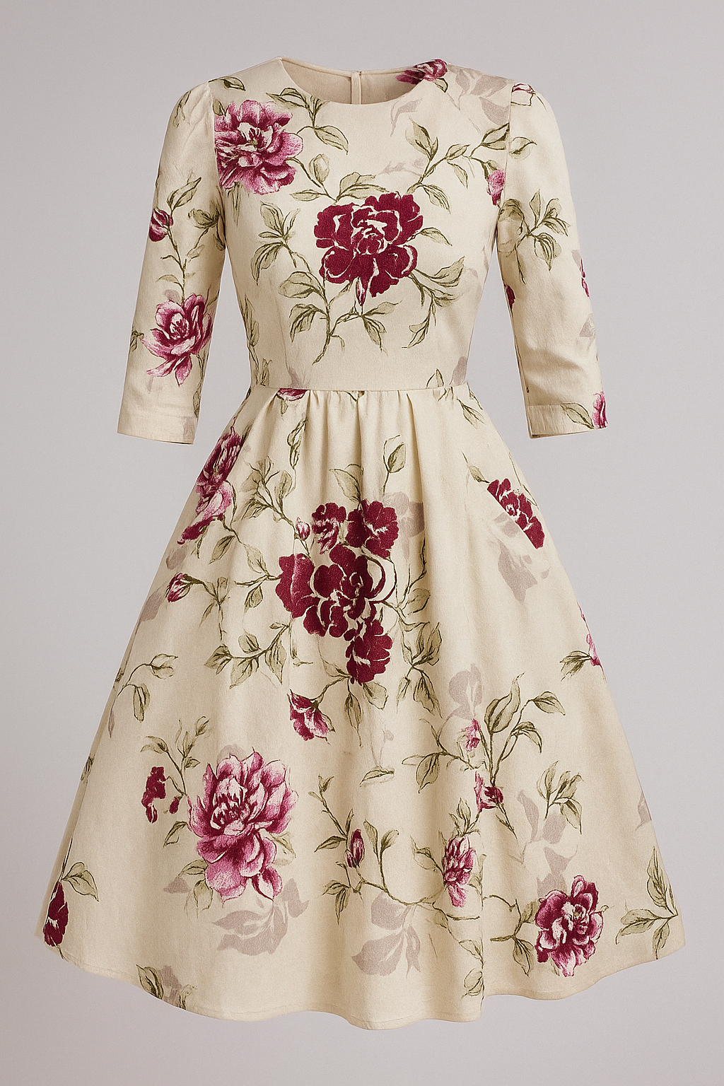 Retrozo | Elegant midikjole med blomsterprint og 3/4-ærmer - Hvid - Retrozo | Elegant midikjole med blomsterprint og 3/4-ærmer- € - {{ product_tags }