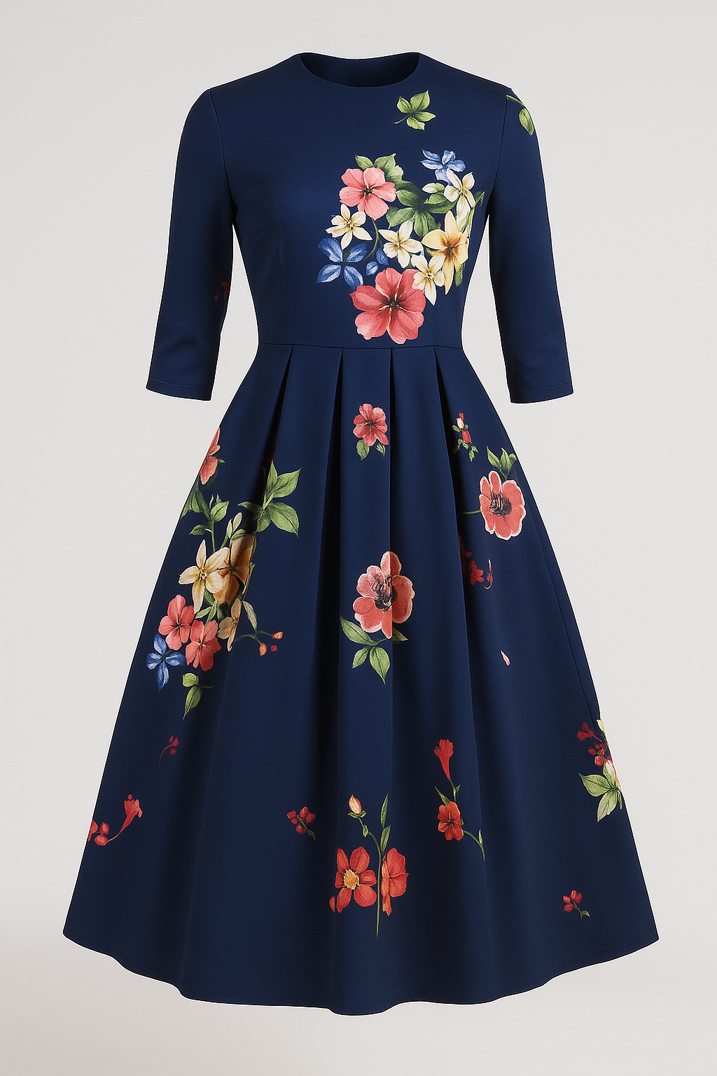 Retrozo | Elegant midikjole med blomsterprint og 3/4-ærmer - Marineblå - Retrozo | Elegant midikjole med blomsterprint og 3/4-ærmer- € - {{ product_tags }